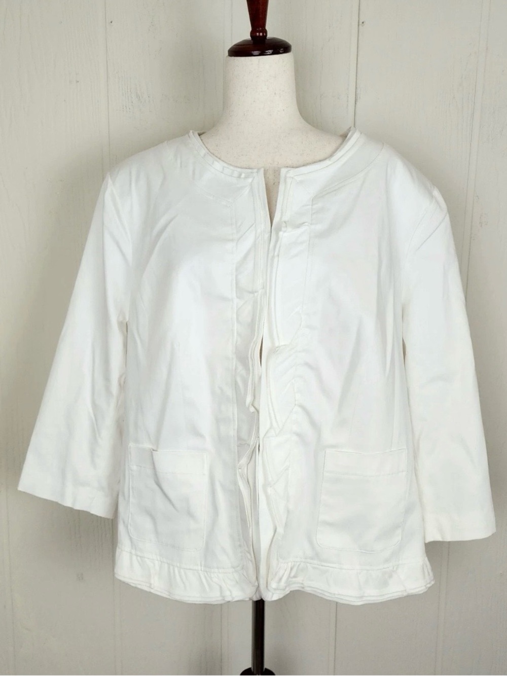 NWT Dressbarn White Blazer Jacket Ruffles 3/4 Sleeve Women's 14/16 Lined Cotton